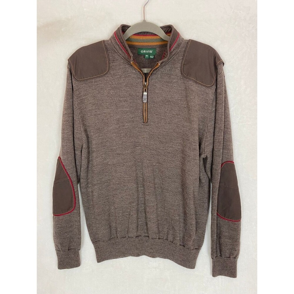 Orvis Men's Upton Merino 1/4 Zip Pullover Sweater M Brown Elbow Patches Preppy